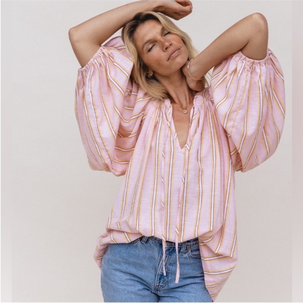 Daughters of India Poet Large Pink and Yellow Striped Blouse